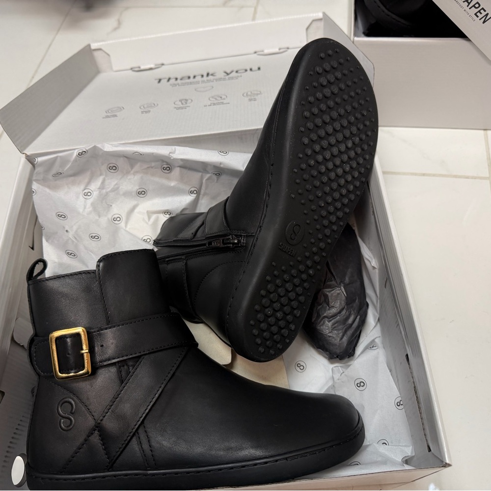 Shapen Barefoot Black Ankle Boots with Gold Buckle - wide and extra wide fit - Picture 5 of 10